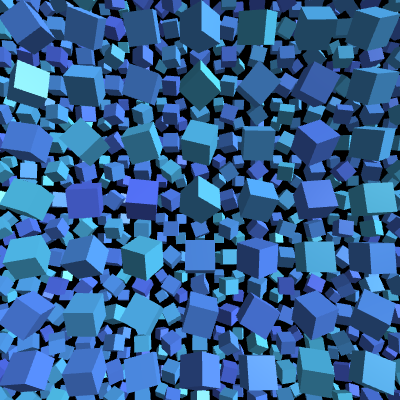 A pattern of regularly-spaced 3D cubes with randomized rotation and hue.